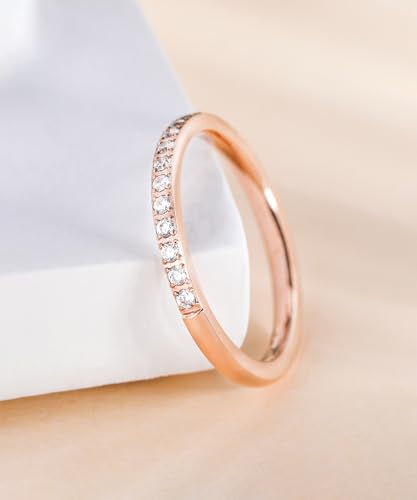 TIGRADE 2mm Women Titanium Eternity Ring Cubic Zirconia Anniversary Wedding Engagement Band Size 3-13.5 - color: Rose Gold-half eternity