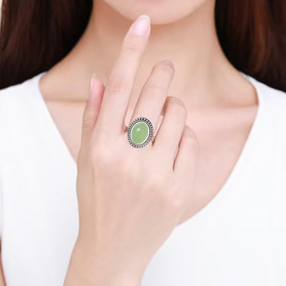 Natural Oval Stone Boho Ring,Retro Antique S925 Sterling Silver Crystal Quartz Gemstone Bohemian Statement Handmade Ring Jewelry for Women Her - color: B01_Dongling Jade