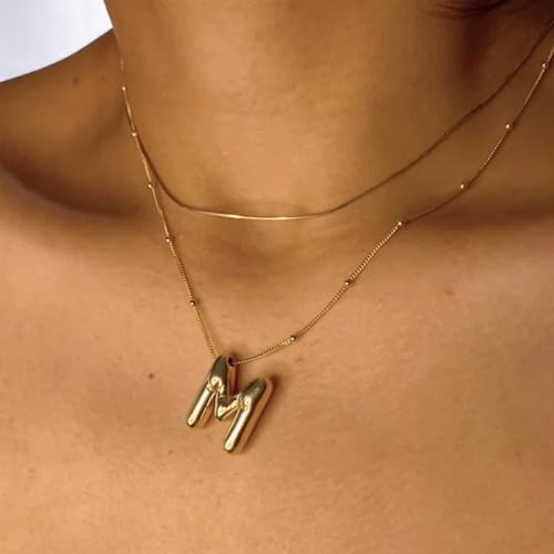 Gold Bubble Initial Necklace for Women Balloon Letter Necklace 18K Gold Plated Dainty Alphabet Pendant Puffy Name Personal Necklace - color: M