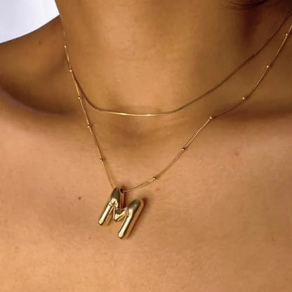 Gold Bubble Initial Necklace for Women Balloon Letter Necklace 18K Gold Plated Dainty Alphabet Pendant Puffy Name Personal Necklace - color: M