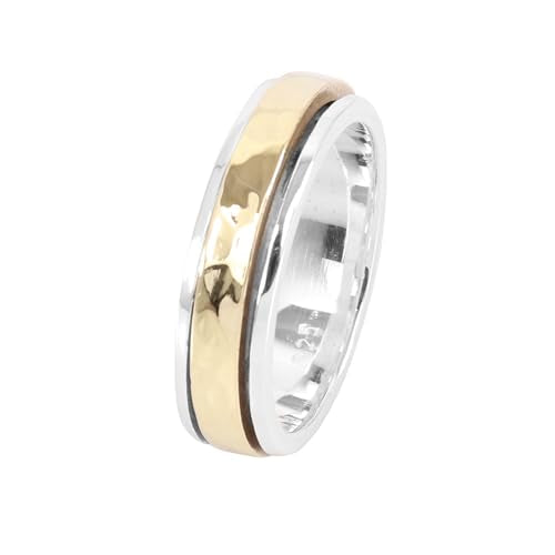 Hammered Spinner Ring for Women, 925 Sterling Silver & Brass Two-Tone Fidget Band