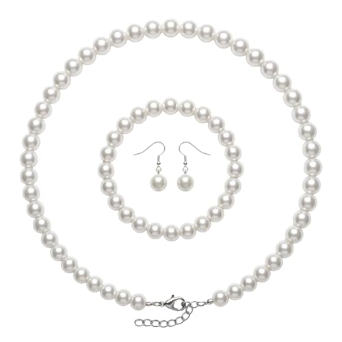 3PCS Pearl Jewelry Set for Women, Faux Pearl Necklace Bracelet Earrings Set, Round Pearl Costume Accessories for Brides Wedding Gift - style: Classic1