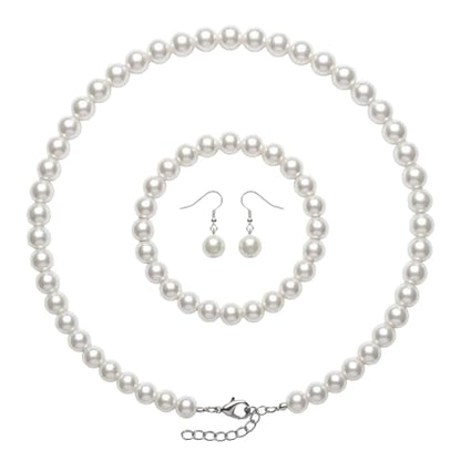 3PCS Pearl Jewelry Set for Women, Faux Pearl Necklace Bracelet Earrings Set, Round Pearl Costume Accessories for Brides Wedding Gift - style: Classic1