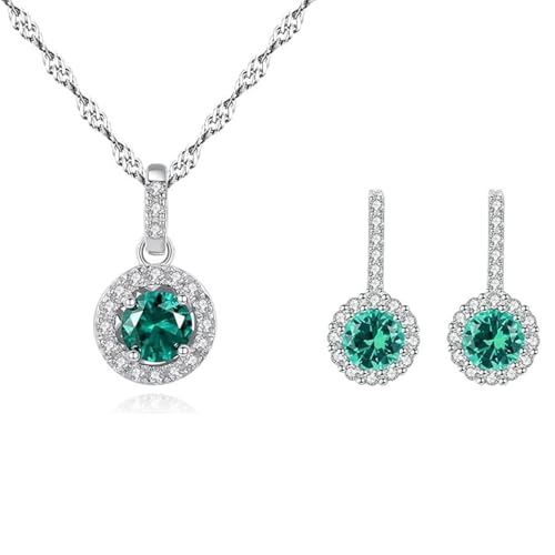 925 Sterling Silver Wedding Jewelry Set for Women - Sapphire Tone Gemstone Pendant Necklace and Stud Earrings with Cubic Zirconia Halo Design - Premium Rhodium Plated Finish - color: Green