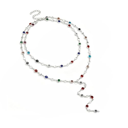 Colorful Crystal Long Necklace for Women Dainty Boho Y-Shaped Color Bead Necklaces Sparkly Rhinestone Pendant Layered Gold Long Chain Choker Good Luck Trend Jewelry Gift Jewelry - color: Double Layer Silver