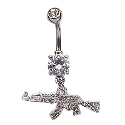 Fashion Dangle Navel Ring Clear Gem Gun Belly Button Ring Body Piercing Jewelry for Women Belly Piercing - color: silver
