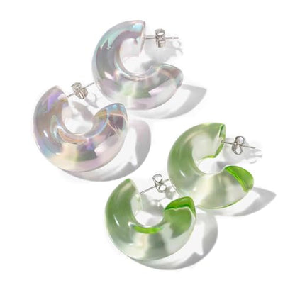 Chunky Acrylic Hoop Earrings for Women Thick Rhinestone Resin Open Hoops Colorful Geometric Earrings Lightweight Hypoallergenic for Sensitive Ears - color: Clear & Yellow Sets