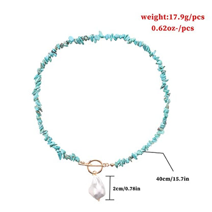 Bohemian Stone Pearl Choker Necklace for Women Dainty Natural Irregular Stone Choker Turquoise Beaded Lariat Necklace Simple Fashion OT Toggle Spiritual Handmade Jewelry - color: Turquoise