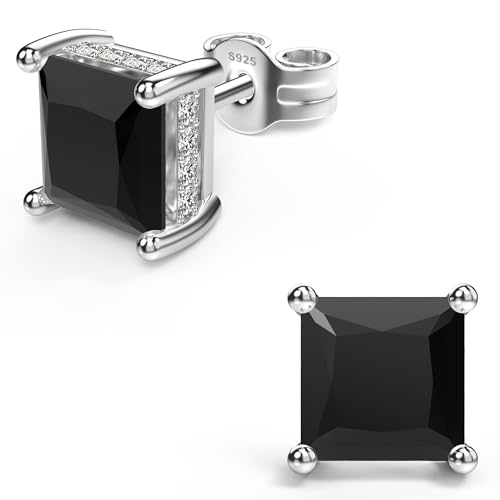 Princess Cut Cubic Zirconia Stud Earrings for Men Women | Square CZ Simulated Diamond Studs, 18K White Gold Plated Sterling Silver, Hypoallergenic - color: Black, size: 6MM