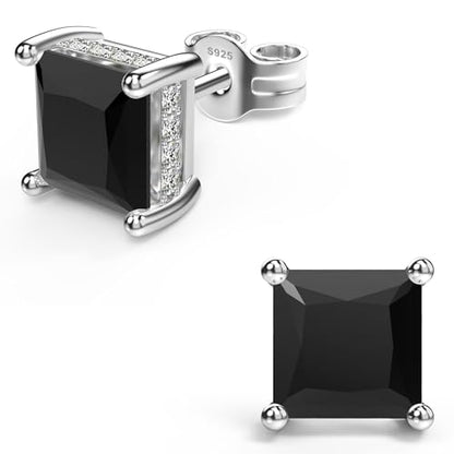 Princess Cut Cubic Zirconia Stud Earrings for Men Women | Square CZ Simulated Diamond Studs, 18K White Gold Plated Sterling Silver, Hypoallergenic - color: Black, size: 6MM