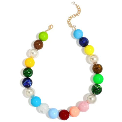 Chunky Beaded Choker Necklace for Women Boho Statement Necklace with Large Pearl Blue Brown Tone Resin Beads Summer Beach Jewelry Gifts - color: Rainbow Pastel Mix