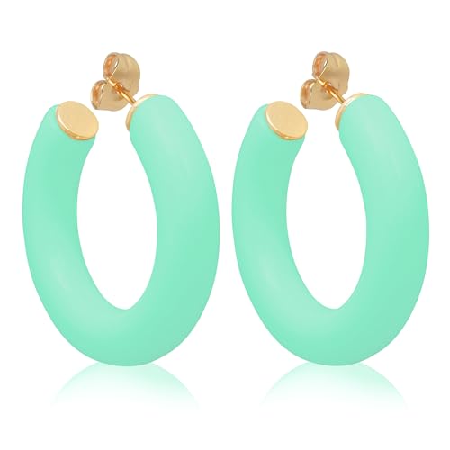 Gold Plated Multicolor Resin Chunky Thick Open Hoop Earrings in 57MM and 37.5MM Diameters - color: Green - Mint Green - Matte Finish, size: 37.5MM (1.48") Diameter