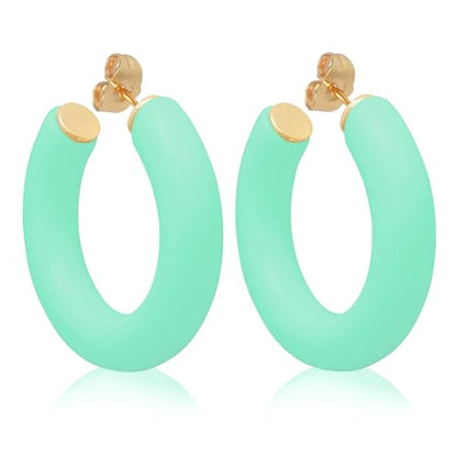 Gold Plated Multicolor Resin Chunky Thick Open Hoop Earrings in 57MM and 37.5MM Diameters - color: Green - Mint Green - Matte Finish, size: 37.5MM (1.48") Diameter