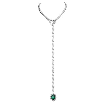 Women's Heart O-Ring Slip Chain Necklace, Double Layered Adjustable 39'' Cuban Chain with Detachable Heart Clasp and Colorful Rhinestone Pendant - color: 25'' Silver-Emerald Green
