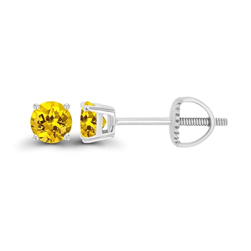 14K Gold Plated 925 Sterling Silver Hypoallergenic 4mm Round Genuine Birthstone Solitaire Screwback Stud Earrings - color: Yellow Sapphire Created
