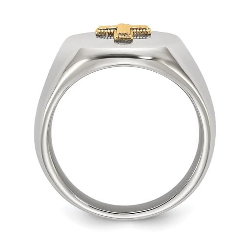 Stainless Steel Polished with Diamond-cut 14K Gold Accent Cross Oval Signet Ring Size 9 to 11