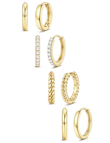 Jstyle Small Gold Hoop Earrings for Women Hypoallergenic Earring Stacks | 4 Pairs Huggie Hoop Earrings, Cartilage Earring Set for Sensitive Ears, Comfort Waterproof Earrings, Ideal Jewelry Gift - color: 14K Gold Style1