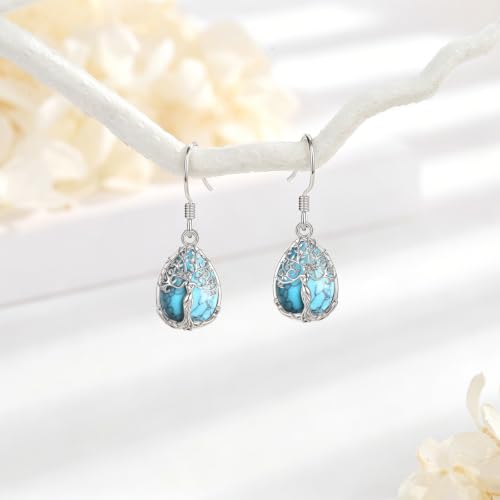 AEONSLOVE Tree of Life Crystal Earrings with Sterling Silver Ear Hooks, Dangle Drop Tree Earrings Gifts for Women - style: A01-Turquoise-Teardrop