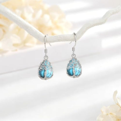 AEONSLOVE Tree of Life Crystal Earrings with Sterling Silver Ear Hooks, Dangle Drop Tree Earrings Gifts for Women - style: A01-Turquoise-Teardrop
