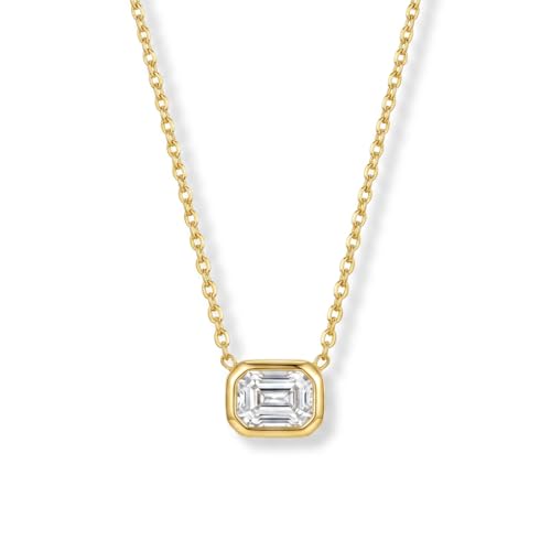Gold Plated Emerald Cut Birthstone Necklace for Women - Horizontal East West Bar Pendant, Minimalist Everyday Jewelry, Birthday Gift for Her