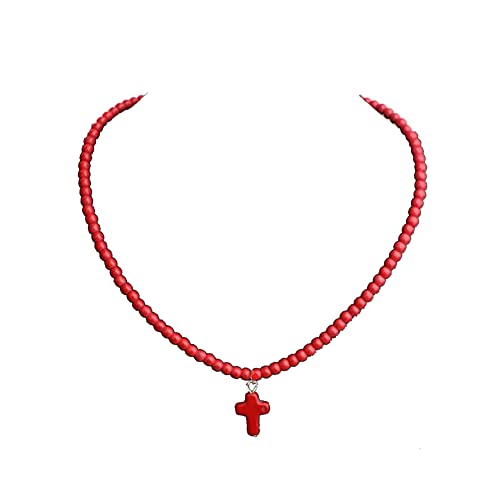 Small Dainty Cross Necklace Pendant Bohemian Turquoise Seed Bead Beaded Necklace Choker for Women Men Faith Jewelry Gift - color: 01 Red