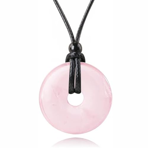FANASY Natural Gemstone Pendant Necklce Lucky Coin Crystal Necklace Protection Donut Pendnat with Adjustable Rope for Men Women - color: Rose quartz