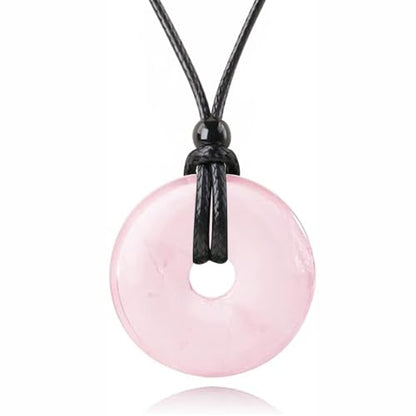 FANASY Natural Gemstone Pendant Necklce Lucky Coin Crystal Necklace Protection Donut Pendnat with Adjustable Rope for Men Women - color: Rose quartz