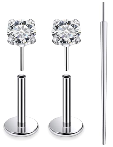 20G 18G 16G F136 Titanium Threadless Flat Back Earrings Nose Studs Tragus Forward Helix Conch Cartilage Lobe Earrings Medusa Labret Snake Bite Monroe Lip Ring Piercing Jewelry For Women Men - size: 18G-7MM Bar-CZ 3MM