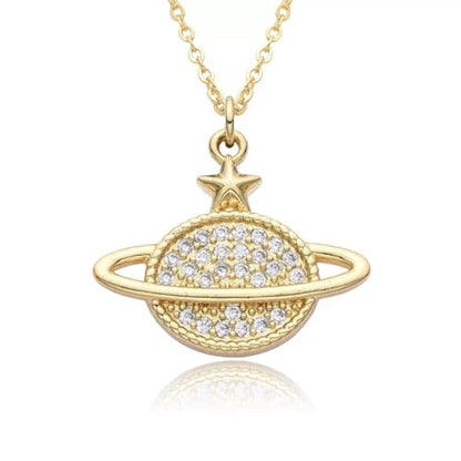 Planet Necklace for Women Gold-Plated Adorned with Saturn Earth Moon and Star Pendants Paired with a Medallion Pendant and Paperclip Chain Choker Adjustable Chain Length Jewelry Gift for Birthdays Dances and Parties - style: CZ Planet