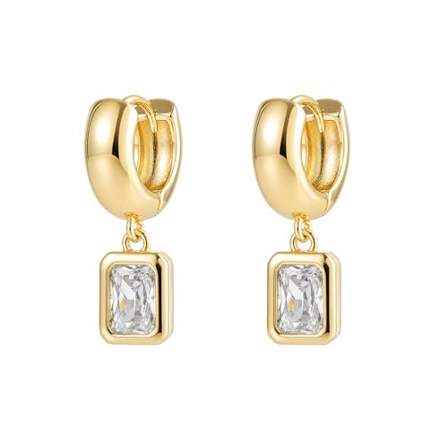 SHERLOVE Chunky Statement Gold Dangle Earrings Women Bezel Cubic Zirconia | 14K Gold Plated Huggie Hoop Drop,Dainty Trendy Elegant Fancy Formal,Hypoallergenic Lightweight Non tarnish,Statement Jewelry - color: Chunky Dangle Rectangle Gold