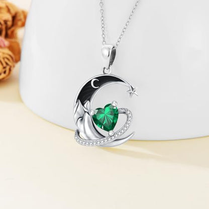 I Love You to the Moon and Back Necklace 925 Sterling Silver Black Crescent Moon Star Pendant with Heart Birthstone Necklace Anniversary Gothic Jewelry Gifts for Women Wife Lovers - color: 05-May-Emerald