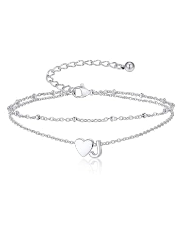 Suplight Initial Ankle Bracelets for Women 14K Gold Plate Waterproof No Tarnish Anklets Layered Heart Letter Anklet Adjustable Plus Size Foot Chain Summer Beach Boho Jewelry Silver Black 8.5-10 Inch - color: Silver, style: 10.J