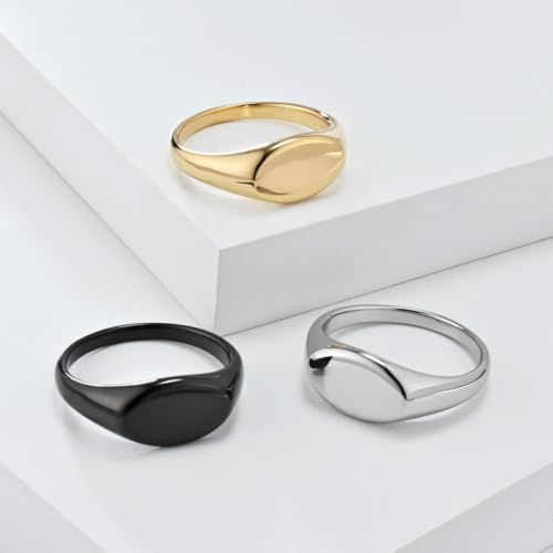 PAURO Women Oval Shape Signet Ring Geometric Style | Stainless Steel Oval-shape Signet Style for Women,Classical Simple Plain Wedding Engagement Statement Ring - color: Black