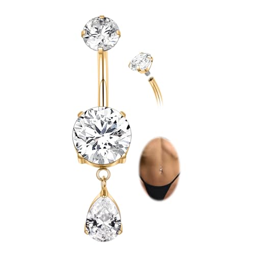 GAGABODY G23 Titanium Belly Button Rings Dangly Belly Ring Navel Piercing Ring Belly Piercing Jewelry 14G 3/8 inch 10mm Navel Barbell CZ - color: Gold+Dangly Waterdrop Shape Clear CZ