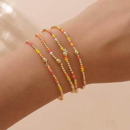 Seed Beaded Stack Bracelets Set for Women,Small Boho 4Pcs Colorful Handmade Dainty Trendy Gold Stretch Accessories Jewelry, Summer Daily Party Friendship Gift - color: Yellow