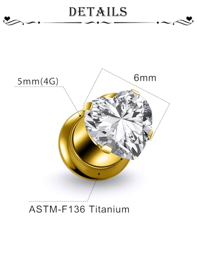 Astm F136 Titanium Heart CZ Ear Gauges Screw Fit Flesh Tunnels Plugs Gauges Earring Expander Stretcher Ear Tunnels For Ears 10G 8G 6G 4G 2G 0G 00G Plug Earrings Piercing Jewelry For Women Men - color: 4G Gauges, Gold