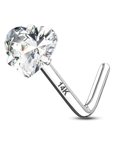14K Real Gold Nose Studs 20G Nose Rings Studs L Shaped Nose Rings for Women Men Diamond CZ Nose Piercing - color: White Gold-Heart CLCZ