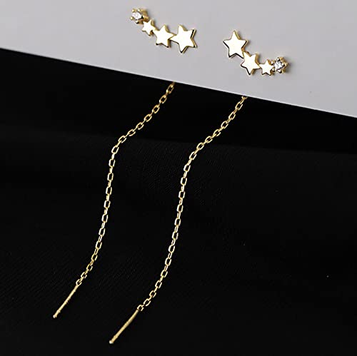 Boho Wedding Tiny Cz Star Threader Earrings Gold Pull Through Earrings Thread Dainty Long Chain Tassel Dangle Small Crystal Climber Simple Crawler Stud Line Bar Chain Drop Delicate Minimalist Women