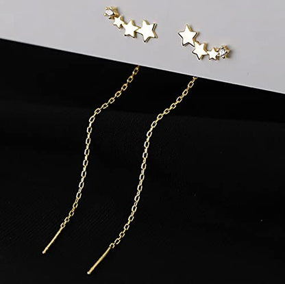 Boho Wedding Tiny Cz Star Threader Earrings Gold Pull Through Earrings Thread Dainty Long Chain Tassel Dangle Small Crystal Climber Simple Crawler Stud Line Bar Chain Drop Delicate Minimalist Women