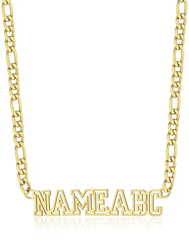 GoldChic JEWELRY Name Necklace Personalized for Men, Womens Custom Name Plate Chain, Stainless Steel Customized Old English Nameplate Choker with Curb Chains Custom, 16 inches to 30 inches - color: Figaro Chain 6 mm - Gold