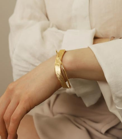 OZEL – Women’s Gold Cuff Bracelets – 18K Gold Plated Textured Bangles with Multi-Color Crystal & Rhinestone Accents – Layered Stacking Jewelry - color: 200704