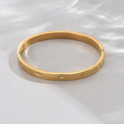 Gold Bangle for Women 18K Gold Plated Bamboo Heart Star Labyrinth Bangle Bracelets Dainty Stainless Steel Jewelry Gifts - color: North Star Bangle-Gold
