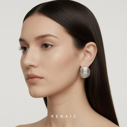 RENAIZ Bold Statement Hoop & Stud Earrings for Women – 14K Gold & Rhodium Plated Maximalist Jewelry, Chunky Geometric Boho Earrings, Hypoallergenic Non-Tarnish Trendy Gift - color: White Gold, style: Chunky