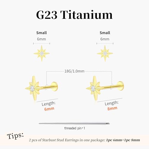 Flat Back Stud Cartilage Earrings Tragus Helix Piercing Jewelry Titanium | Conch Nose Piercing,Small Tiny Studs for Women,Threadless/Internally Threaded,Surgical Steel,Hypoallergenic,16G/18G/20G - color: Gold02-Starburst (6mm*1+8mm*1), size: Internally Th