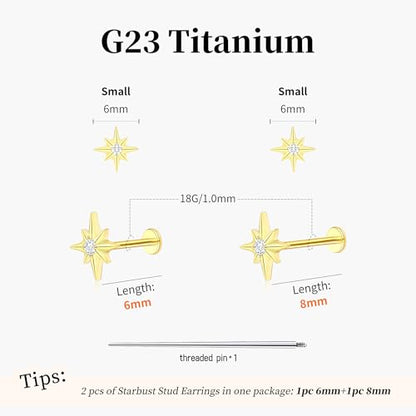 Flat Back Stud Cartilage Earrings Tragus Helix Piercing Jewelry Titanium | Conch Nose Piercing,Small Tiny Studs for Women,Threadless/Internally Threaded,Surgical Steel,Hypoallergenic,16G/18G/20G - color: Gold02-Starburst (6mm*1+8mm*1), size: Internally Th