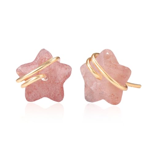 Raw Gemstone Star Stud Earrings for Women Handmade Star Chakra Healing Crystal Earrings Amethyst Raw Rose Quartz Gemstone Prong Stud Earrings Birthstone Jewelry Gift Ideas - color: Strawberry Crystal