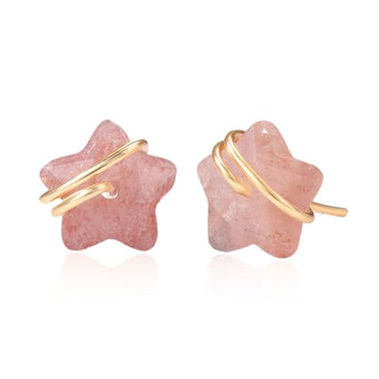 Raw Gemstone Star Stud Earrings for Women Handmade Star Chakra Healing Crystal Earrings Amethyst Raw Rose Quartz Gemstone Prong Stud Earrings Birthstone Jewelry Gift Ideas - color: Strawberry Crystal