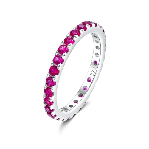 DAYBYDAY Sapphire/Emerald/Ruby Full Eternity Band Rings for Women, 2.4mm Thin Birthstone Stackable Rings, 925 Sterling Silver/14K Gold Plated Gemstone Wedding Band Anniversary Ring Size 6 to 10 - color: 07. Red Ruby, July