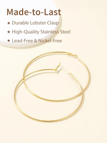 FindChic Thin Hoop Earrings for Women,Silver/Black/Gold Plated 20-100mm - color: Gold, size: 100mm