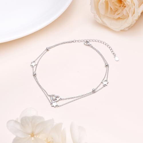 Anklets for Women 925 Sterling Silver Blue Evil Eye Infinity Butterfly Adjustable Multilayer Layered Summer Beach Ankle Bracelet Foot Chain Jewelry for Women - style: Heart Star